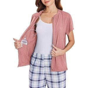 Women's Pink Zip-Up Mastectomy Surgical Drain holder Top